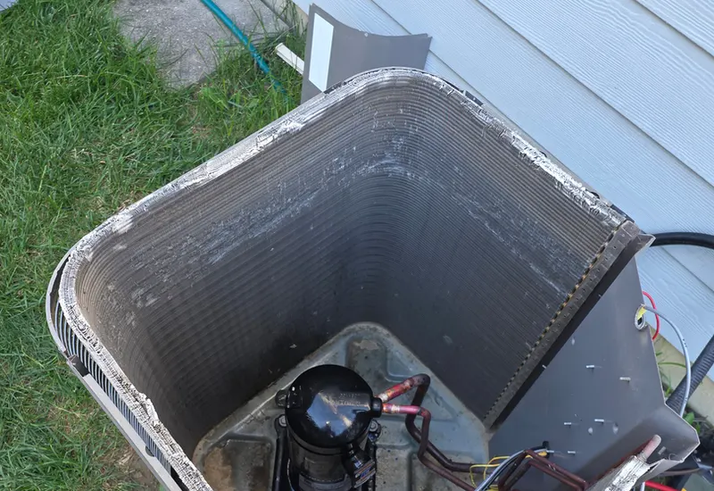 Outdoor air conditioner condenser unit opened up for a repair inspection